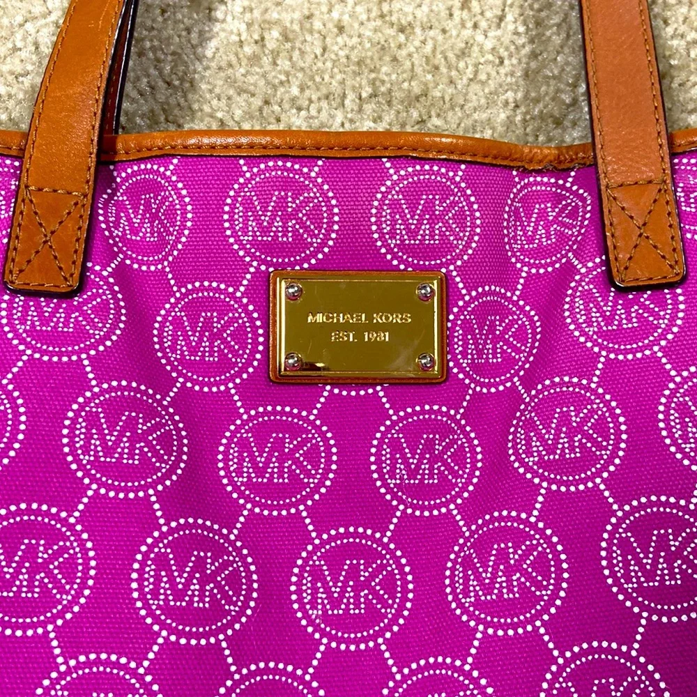 Michael Kors logo rare pink fabric and leather tote - Picture 2 of 5